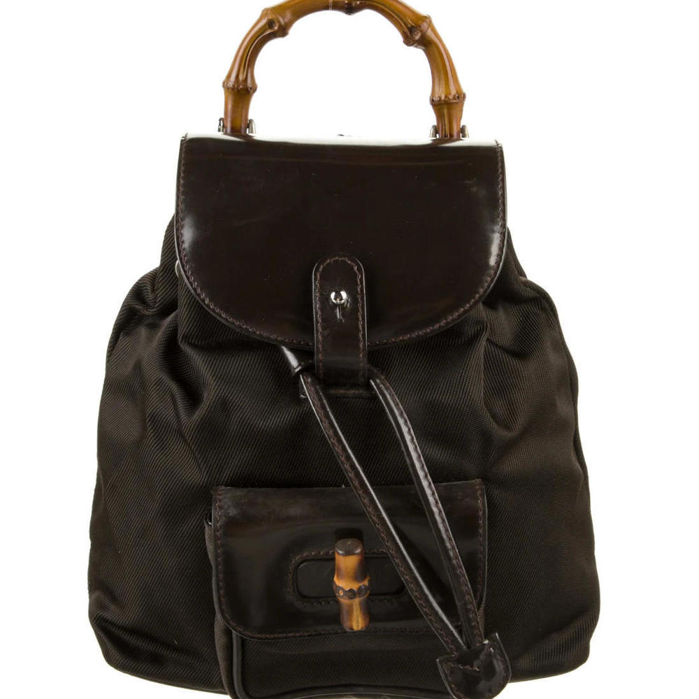 Authentic Gucci Brown Nylon Mini Bamboo Patent Leather Trimmed Backpack